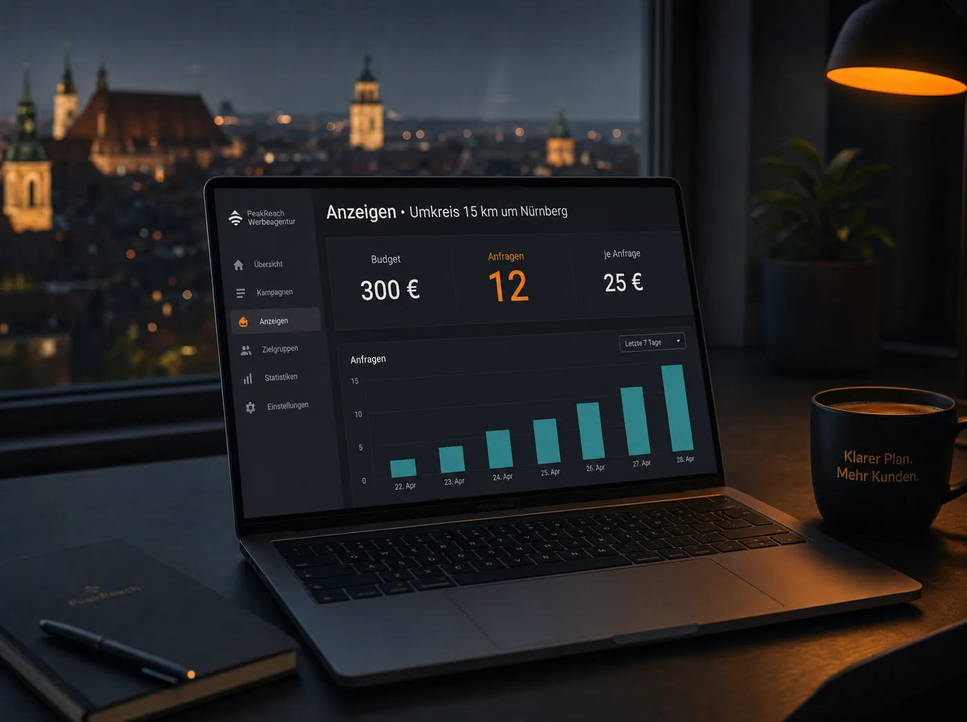 Ein Laptop zeigt eine Anzeigen-Übersicht für den Umkreis um Nürnberg mit Budget und Anfragen