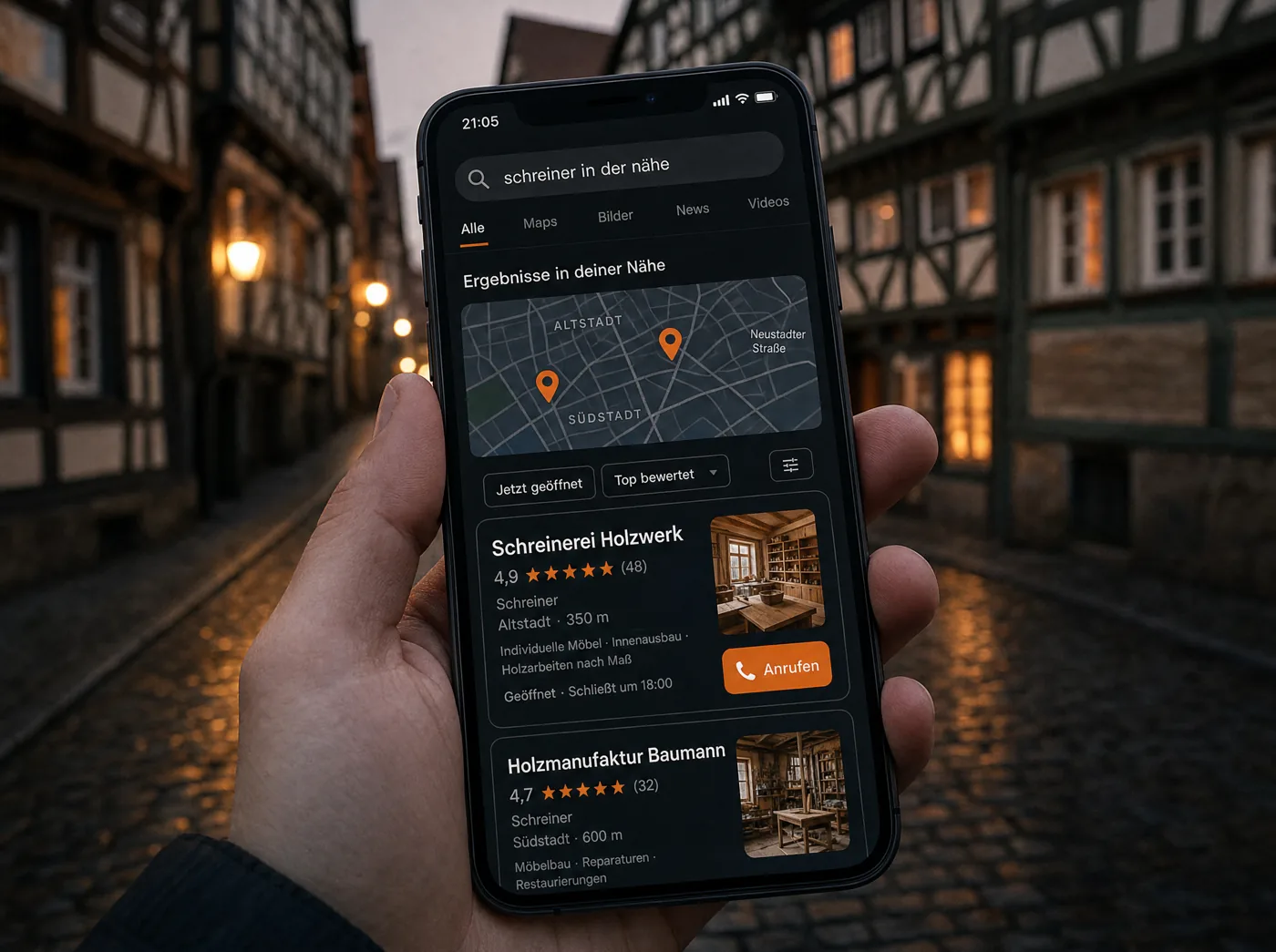 Ein Smartphone in einer Altstadt zeigt die lokale Suche nach einem Schreiner mit einem Betrieb ganz oben